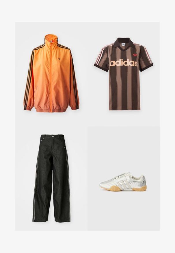 Orange gradient trackjakke lavet af glat stof, med sorte stribede detaljer, høj krave og elastiske manchetter samt lynlås foran.; Brunstribet Adidas polo-shirt med V-hals, bordeaux krave og rødt logo. Har hvide og røde skulderstriber samt korte ærmer.; Sorte denim bukser med brede ben og hvide sider, der har forlommer, knaplukning og et diskret logo nær taljen.; Sølvfarvet sportssko med en glat læderoverdel, gummisål og teksturerede detaljer. Har et buet design og tonede snørebånd.