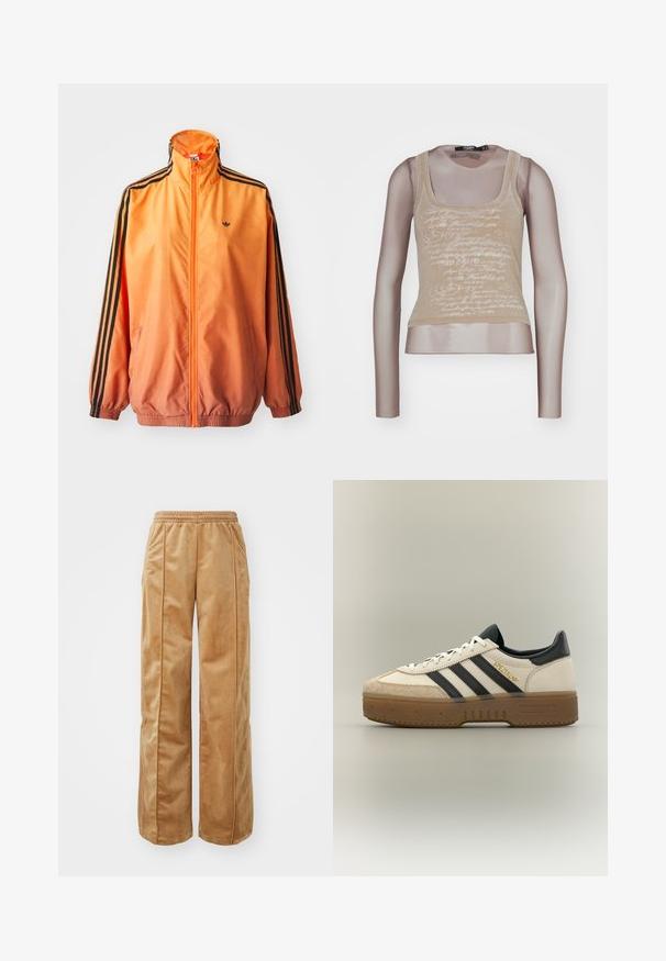 Chaqueta de chándal con degradado naranja, confeccionada en tejido suave, con acentos de rayas negras, cuello alto y puños elásticos, además de un cierre frontal de cremallera.; Top sin mangas beige combinado con mangas largas de malla; cuenta con una impresión en blanco en la parte delantera, escote redondo y una silueta ajustada.; Pantalones de pierna ancha en tono beige, fabricados con un material suave y aterciopelado. Cuentan con una cinturilla elástica y costuras verticales en la parte delantera para un detalle adicional.; Zapatilla blanca Adidas con rayas negras, puntera de ante beige, suela marrón y "SPEZIAL" en letras doradas en el lateral.