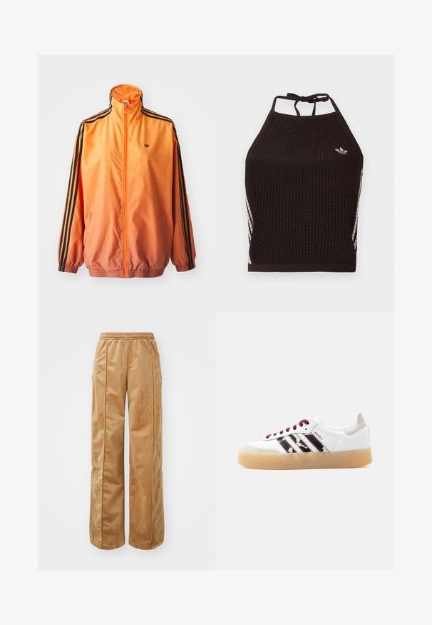 Chaqueta de chándal con degradado naranja, confeccionada en tejido suave, con acentos de rayas negras, cuello alto y puños elásticos, además de un cierre frontal de cremallera.; Top corto de malla negra tipo halter con un diseño texturizado. Cuenta con franjas de acento rosa y un pequeño logotipo en el frente. Cierre con lazada en la espalda.; Pantalones de pierna ancha en tono beige, fabricados con un material suave y aterciopelado. Cuentan con una cinturilla elástica y costuras verticales en la parte delantera para un detalle adicional.; Zapatilla Adidas Samba blanca con cordones rojo oscuro, franjas negras difusas, lengüeta en el talón beige y suela de goma translúcida, vista desde el lado izquierdo.