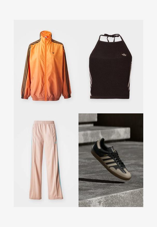 Orange gradient trackjakke lavet af glat stof, med sorte stribede detaljer, høj krave og elastiske manchetter samt lynlås foran.; Sort mesh halter crop top med tekstureret design. Har pink accentstriber og en lille logo foran. Lukning med bånd bagpå.; Lyserøde sportspants med afslappet pasform, der har blå sidestriber og en snoretræk i taljen. Fremstillet af glat, letvægtsstof.; Sort og beige lædersneaker med tre hvide striber, tanfarvet gummisål og gyldent "Samba"-detalje på siden.