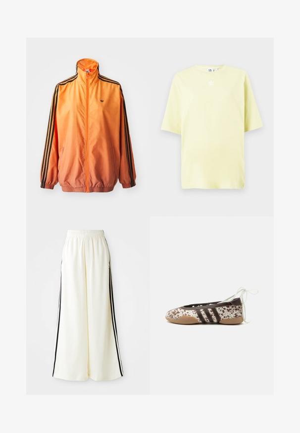 Chaqueta de chándal con degradado naranja, confeccionada en tejido suave, con acentos de rayas negras, cuello alto y puños elásticos, además de un cierre frontal de cremallera.; Camiseta de Adidas de color amarillo claro, con mangas cortas y pequeño logo trefoil blanco en el centro cerca del escote.; Pantalones anchos blancos con cintura elástica y rayas verticales negras a lo largo de las costuras exteriores.; Zapato de ballet plano con patrón moteado marrón y blanco, tres rayas oscuras en el lateral, suela marrón claro y cordones blancos para atar en el tobillo.