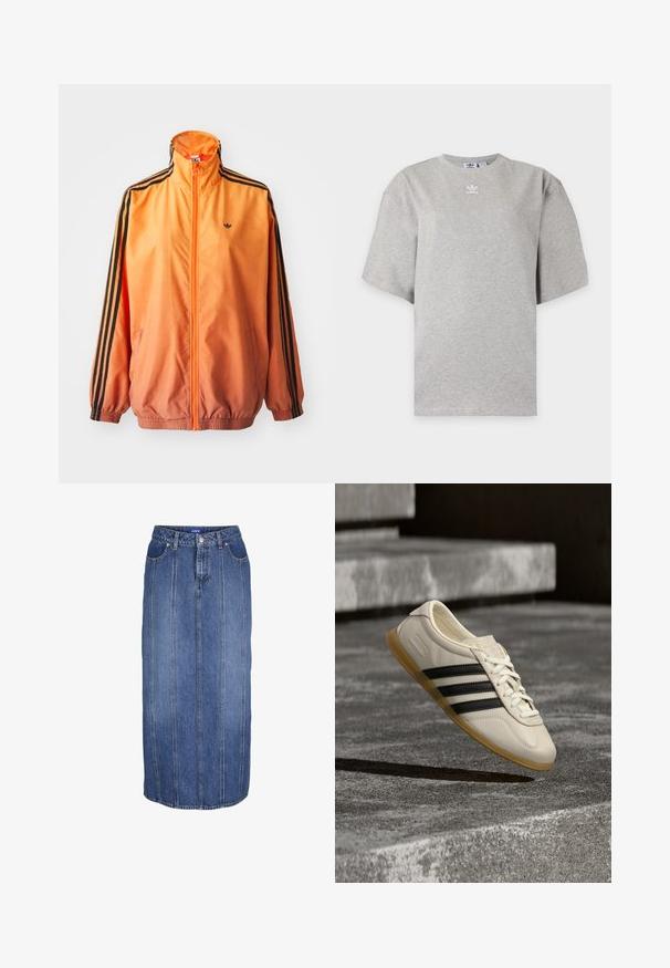 Oranje gradient trackjack met een gladde stof, voorzien van zwarte gestreepte accenten, hoge kraag en elastische manchetten met een rits aan de voorkant.; Lichtgrijs Adidas T-shirt met korte mouwen, ronde hals en klein wit Adidas-logo op de borst, weergegeven op een effen achtergrond.; Blauwe denim midi-rok met verticale naden, knoop- en ritssluiting aan de voorkant, ceintuurlussen en steekzakken aan de voorkant.; Witte sneaker met zwarte strepen en rubberen zool zwevend boven betonnen trap in zacht daglicht.
