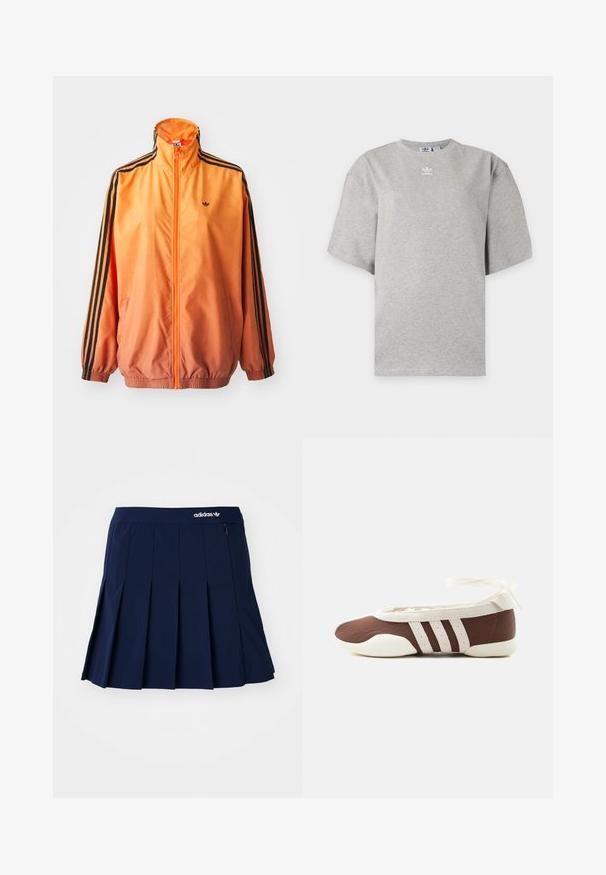 Orange gradient trackjakke lavet af glat stof, med sorte stribede detaljer, høj krave og elastiske manchetter samt lynlås foran.; Lysegrå Adidas T-shirt med korte ærmer, rund hals og lille hvid Adidas-logo på brystet, vist på en ensfarvet baggrund.; Marineblå plisseret nederdel lavet af letvægtsstof; har en elastisk talje og en lille lynlås-lomme, med et hvidt Adidas-logo på forsiden.; Brun og hvid balletflad sko med tre hvide striber og ankelbånds sløjfe på en ensartet lys baggrund.