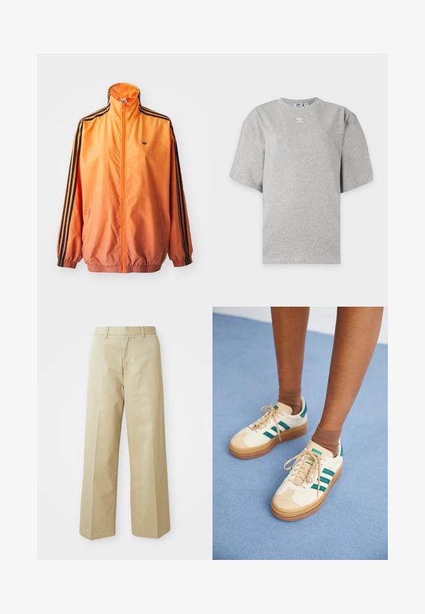 Orangene Gradient-Trackjacke aus glattem Stoff mit schwarzen Streifenakzenten, hohem Kragen und elastischen Bündchen sowie einem Frontreißverschluss.; Hellgraues Adidas T-Shirt mit kurzen Ärmeln, Rundhalsausschnitt und kleinem weißen Adidas-Logo auf der Brust, auf schlichtem Hintergrund dargestellt.; Beige weite Hose aus Baumwolle mit glatter Textur. Verfügt über einen geraden Schnitt, Gürtelschlaufen und Fronttaschen.; Beige Sneakers mit dunkelgrünen Streifen, Gummisohle, Obermaterial aus Wildleder und Textil sowie neutralen Hardwareteilen, kombiniert mit braunen Socken auf einer hellblauen Oberfläche.