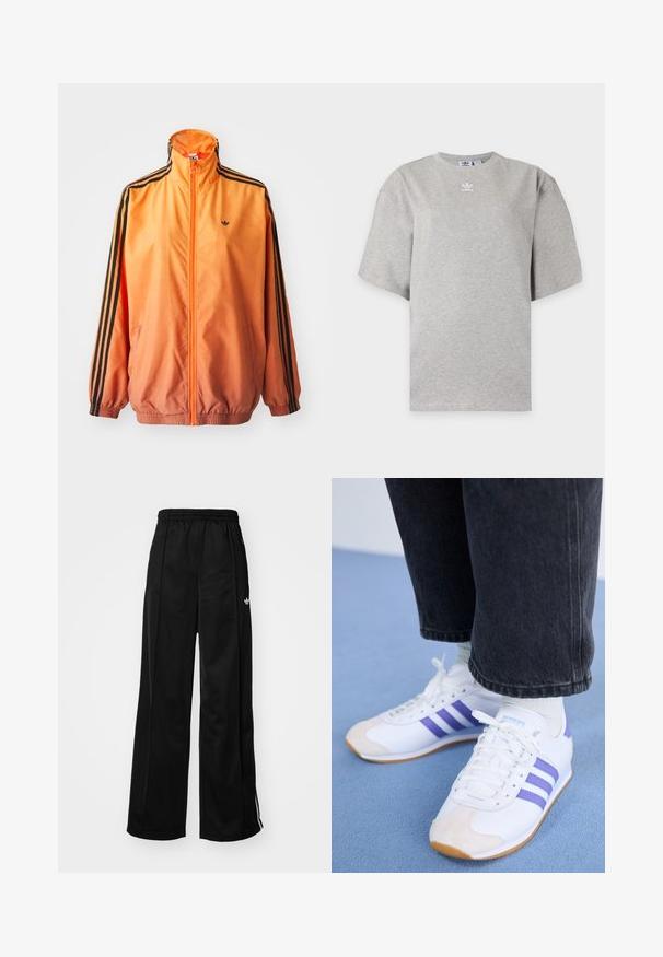 Oranžistest gradientidega jooksjakas, mis on valmistatud siledast kangast, mustade triipudega aktsentidega, kõrge kaelusega ja elastsete paeltega, ees tõmblukuga.; Helehall Adidas lühikeste varrukatega t-särk, ümara kaelusega ja väikese valge Adidas logoga rinnal, esitatud lihtsal taustal.; Mustad laiad spordipüksid elastse vöökohtaga, millel on valged külgtriibud ja väike logo vasakul puusal. Sile kangateksam.; Valged tossud lillade triipudega, millel on nahast varbaosa ja tekstureeritud talla. Kandmine mustade pitsidega pükste ja valgete sokkidega.