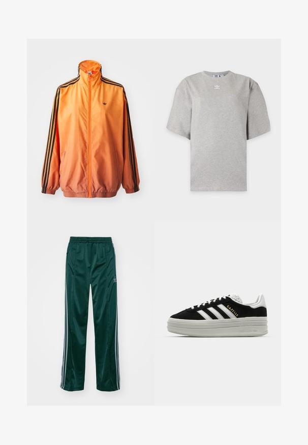 Orange gradient trackjakke lavet af glat stof, med sorte stribede detaljer, høj krave og elastiske manchetter samt lynlås foran.; Lysegrå Adidas T-shirt med korte ærmer, rund hals og lille hvid Adidas-logo på brystet, vist på en ensfarvet baggrund.; Mørkegrønne træningsbukser lavet af skinnende materiale, med sidelister i lys grå og et broderet logo på venstre ben.; Sort ruskind sneaker med hvide læderdetaljer, tre hvide striber, flade snørebånd og en tyk grå platformsål. Guldfarvet "Gazelle" branding.