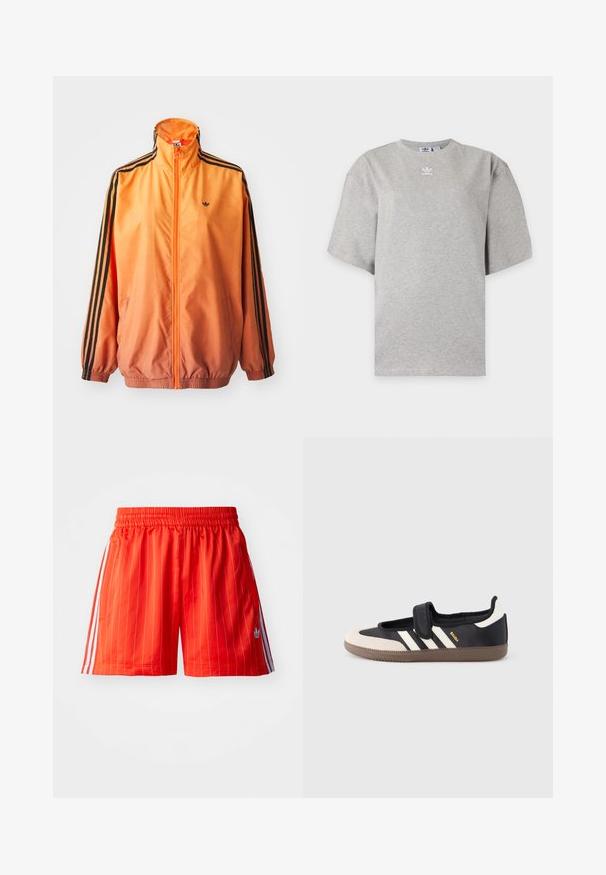 Oranžistest gradientidega jooksjakas, mis on valmistatud siledast kangast, mustade triipudega aktsentidega, kõrge kaelusega ja elastsete paeltega, ees tõmblukuga.; Helehall Adidas lühikeste varrukatega t-särk, ümara kaelusega ja väikese valge Adidas logoga rinnal, esitatud lihtsal taustal.; Punased sportlikud lühikesed püksid vertikaalsete valgete triipudega, elastse vöökoha ja helesiniste aktsentidega külgedel. Omab küljetaskuid.; Must ja beež vabaajajalats klõpsrihmaga, küljele on kolm valget triipu ning pruun tekstuuriga kummist tald. Brändi logo on nähtav.