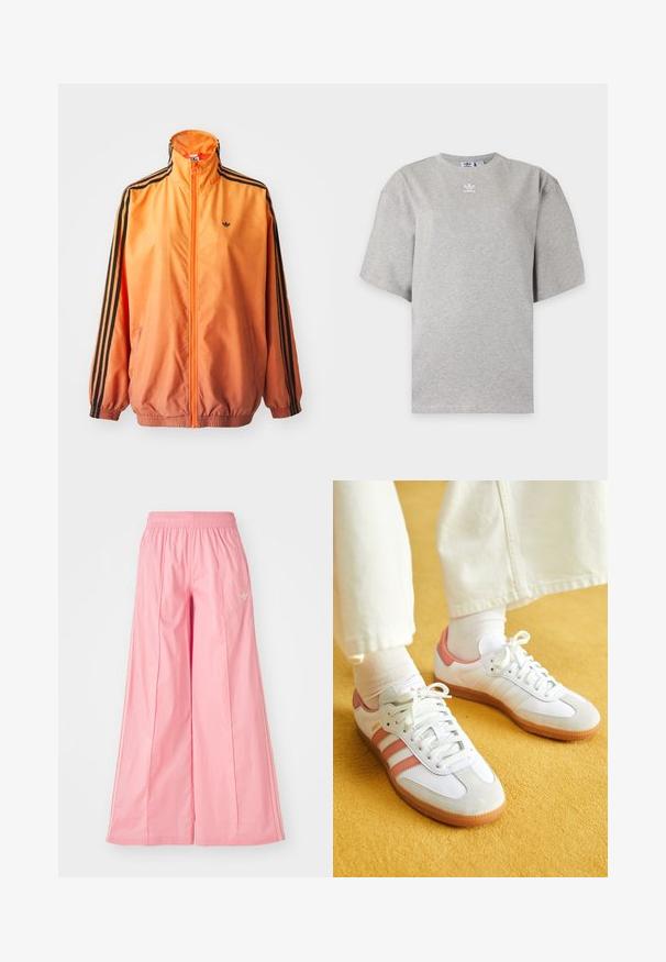 Orange gradient trackjakke lavet af glat stof, med sorte stribede detaljer, høj krave og elastiske manchetter samt lynlås foran.; Lysegrå Adidas T-shirt med korte ærmer, rund hals og lille hvid Adidas-logo på brystet, vist på en ensfarvet baggrund.; Lyserøde brede bukser lavet af let materiale, med elastisk talje og diskrete hvide side striber. Lille logo på fronten.; Hvide sportsko med lyserøde accenter, lavet af ruskind og læder, rund tå og gummisål, vist med lyse sokker på en gul baggrund.