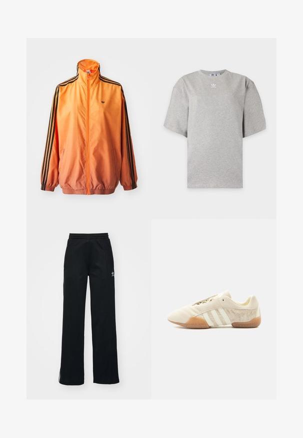 Oranžistest gradientidega jooksjakas, mis on valmistatud siledast kangast, mustade triipudega aktsentidega, kõrge kaelusega ja elastsete paeltega, ees tõmblukuga.; Helehall Adidas lühikeste varrukatega t-särk, ümara kaelusega ja väikese valge Adidas logoga rinnal, esitatud lihtsal taustal.; Mustad mustat spordipüksid, vabalt istuv, paelaga talje, külgedel lukuga taskud ja vasakul jalal diskreetne valge brändimine.; Madalprofiilne beežid tossud kolme valge triibu, tekstuuriga seemisnahast külgdetailide, kummisest tallaga ja paeltega kinnitusega ühevärvilisel taustal.