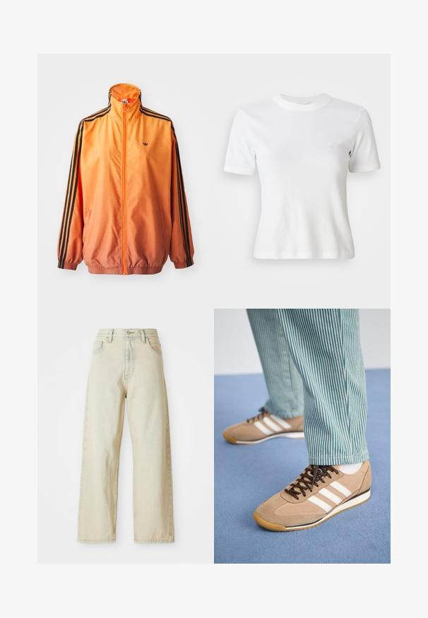 Orangene Gradient-Trackjacke aus glattem Stoff mit schwarzen Streifenakzenten, hohem Kragen und elastischen Bündchen sowie einem Frontreißverschluss.; Weiße, gerippte Kurzarm-T-Shirt mit Rundhalsausschnitt und kleinem Logo auf der Brust. Aus weichem Stoff gefertigt mit taillierter Passform.; Weite Jeans aus Denim in einem hellbeigen Farbton, mit vorderen Taschen, hoher Taille und dezenten Nähdetails. Hergestellt aus strukturiertem Denim-Stoff.; Tanfarbene Wildleder- und Mesh-Sneaker mit braunen Schnürsenkeln und drei weißen Streifen. Kombiniert mit grün-weißen gestreiften Hosen, die auf einer blauen Oberfläche liegen.