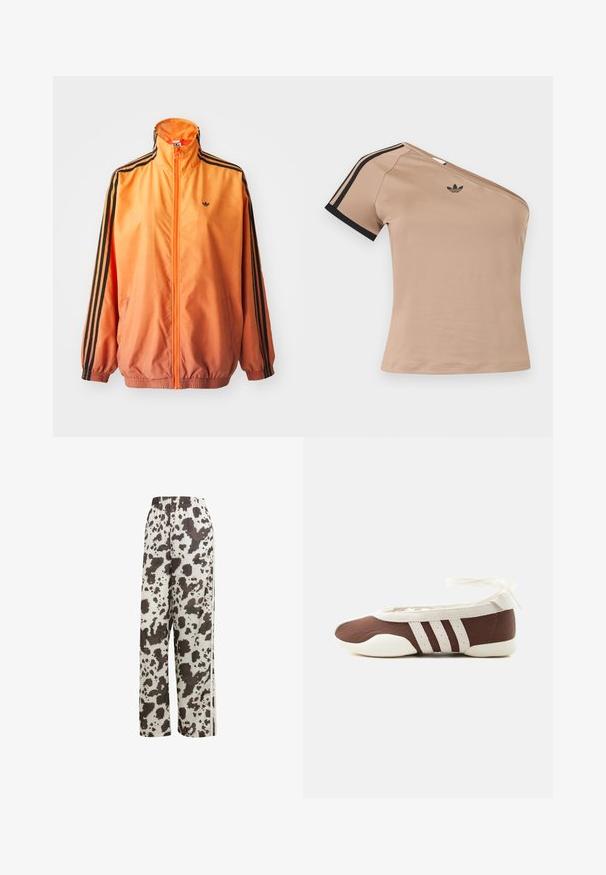 Orange gradient trackjakke lavet af glat stof, med sorte stribede detaljer, høj krave og elastiske manchetter samt lynlås foran.; Beige én-skulder sportstop med sorte striber på kort ærme og lille sort Adidas-logo på brystet.; adidas Originals COW PRINT SATIN WIDE LEG - Træningsbukser - multicolor off white; Brun og hvid balletflad sko med tre hvide striber og ankelbånds sløjfe på en ensartet lys baggrund.