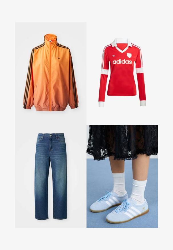 Orangene Gradient-Trackjacke aus glattem Stoff mit schwarzen Streifenakzenten, hohem Kragen und elastischen Bündchen sowie einem Frontreißverschluss.; Rotes Fußballtrikot mit langen Ärmeln, weißem Kragen und weißen Ärmelbündchen. Es hat drei weiße Streifen auf den Schultern und das "adidas"-Logo ist auffällig platziert.; Blaue Jeans aus Denim, weit geschnitten, mittelhoher Bund, dezente Ausbleichungen, im fünf-Taschen-Stil, mit Knopf- und Reißverschluss, gerader Saum.; Helleblaue Sneakers mit weißen Streifen und weißen Socken, getragen mit einem schwarzen Spitzenrock, auf einer blauen Teppichoberfläche.