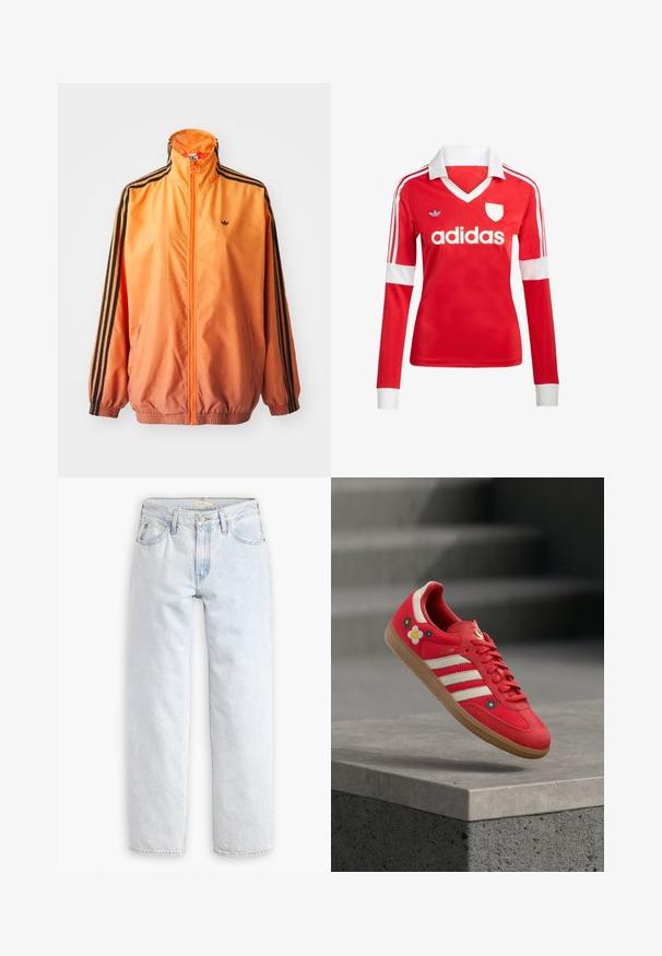 Orangene Gradient-Trackjacke aus glattem Stoff mit schwarzen Streifenakzenten, hohem Kragen und elastischen Bündchen sowie einem Frontreißverschluss.; Rotes Fußballtrikot mit langen Ärmeln, weißem Kragen und weißen Ärmelbündchen. Es hat drei weiße Streifen auf den Schultern und das "adidas"-Logo ist auffällig platziert.; Hellblaue, gerade geschnittene Jeans mit hoher Taille, die fünf Taschen, einen Knopfverschluss vorne und sichtbare Nähte aufweist.; Roter Sportschuh mit weißen Streifen, Blumenstickerei und einer Gummisohle. Glattes Gewebe mit Wildledereinsätzen. Modell: Samba.