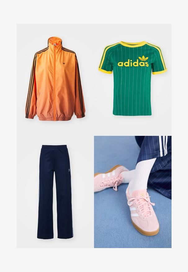 Orange gradient trackjakke lavet af glat stof, med sorte stribede detaljer, høj krave og elastiske manchetter samt lynlås foran.; Grøn bomulds T-shirt med lodrette hvide striber, gule accenter og "adidas" logo i gul skrift. Kortærmet og rund hals design.; Marineblå bomuldsblandede træningsbukser med bred benstil, elastisk talje og lynlåslommer, prydet med hvide sideordner og logo-detalje.; Lyserøde ruskinds sneakers med hvide striber og snørebånd, udstyret med en struktureret tunge og en gummisål, placeret på et blåt tæppe.
