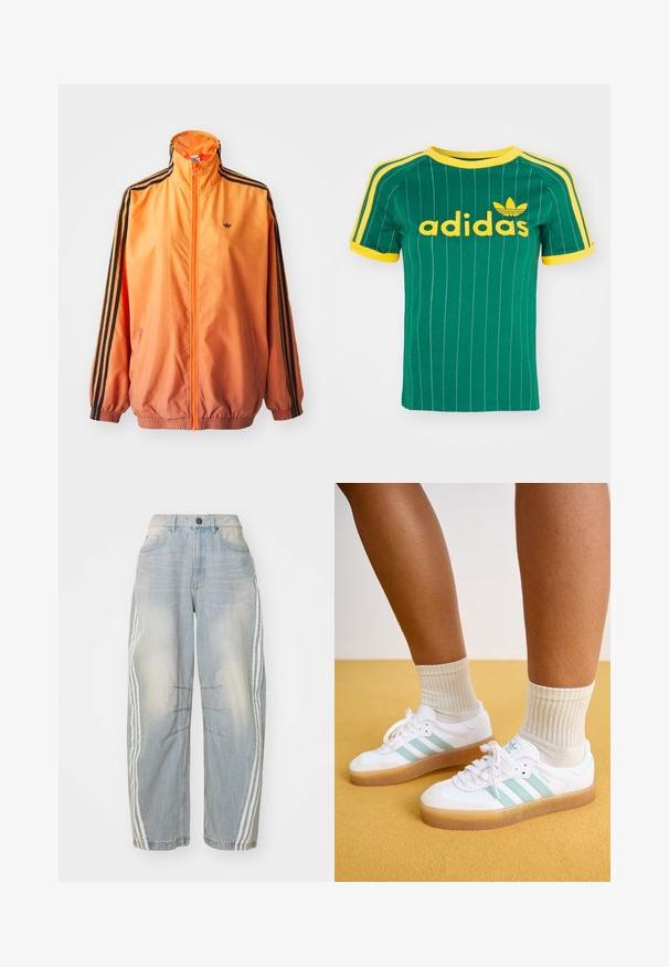 Orange gradient trackjakke lavet af glat stof, med sorte stribede detaljer, høj krave og elastiske manchetter samt lynlås foran.; Grøn bomulds T-shirt med lodrette hvide striber, gule accenter og "adidas" logo i gul skrift. Kortærmet og rund hals design.; Lyseblå denimjeans med løs pasform, der har hvide striber ned langs siderne, slidte detaljer og knaplukning i taljen.; Hvite sneakers med mintgrønne striber, gummisål og snørebånd, parret med ribbede cremefarvede sokker. Sat mod en gul baggrund.
