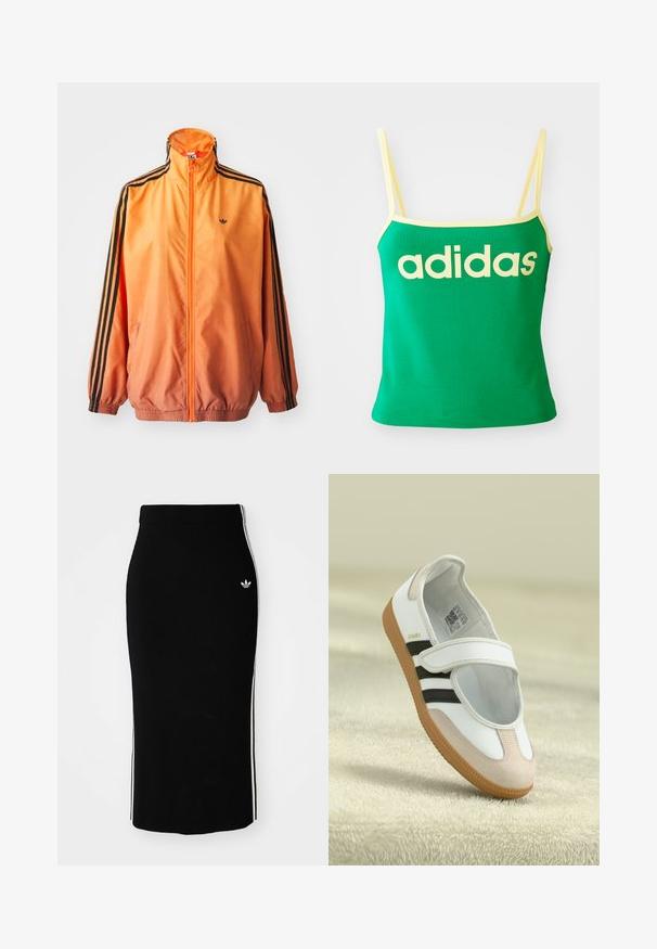 Orangene Gradient-Trackjacke aus glattem Stoff mit schwarzen Streifenakzenten, hohem Kragen und elastischen Bündchen sowie einem Frontreißverschluss.; Grünes Tanktop mit gelben Akzenten, aus dehnbarem Material. Lieferumfang: großes gelbes "adidas"-Logo auf der Vorderseite und dünne Träger.; Schwarzer, gerippter Midikleid mit einem taillierten Design, das weiße Seitenstreifen und ein kleines weißes Emblem auf der linken Seite aufweist.; Weiße Schuhe mit einer pinken Wildleder-Zehe, schwarzen Streifen und einem Klettverschluss. Sie verfügen über eine tanfarbene Gummisohle und ein Logo an der Seite.