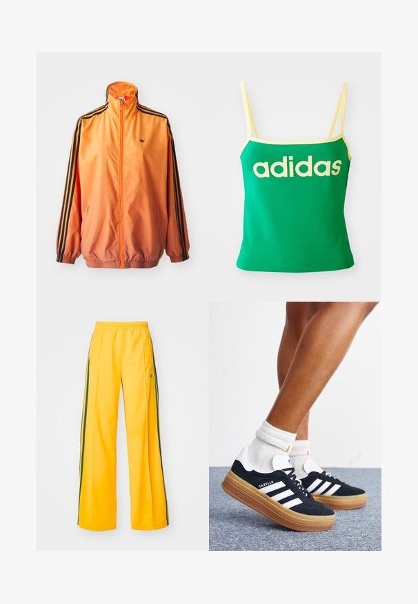 Orangene Gradient-Trackjacke aus glattem Stoff mit schwarzen Streifenakzenten, hohem Kragen und elastischen Bündchen sowie einem Frontreißverschluss.; Grünes Tanktop mit gelben Akzenten, aus dehnbarem Material. Lieferumfang: großes gelbes "adidas"-Logo auf der Vorderseite und dünne Träger.; Gelbe Sporthosen mit weitem Bein, ausgestattet mit grünen Seitenstreifen und einem kleinen Logo auf der linken Hüfte. Elastischer Bund für mehr Komfort.; Beine mit weißen Socken und schwarzen Adidas Gazelle Sneakers mit weißen Streifen und dicken braunen Sohlen auf einem grauen Teppichboden.