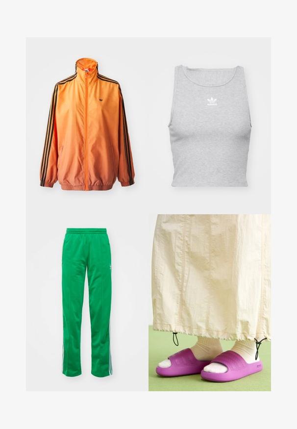 Oranssi gradientti urheilutakki, joka on valmistettu sileästä kankaasta ja jossa on mustat raidalliset yksityiskohdat, korkea kaulus ja joustavat hihansuut sekä edessä vetoketju.; Harmaa, hihaton crop top, joka on valmistettu pehmeästä kankaasta. Siinä on pyöreä kaula-aukko ja pieni valkoinen Adidas-logo rinnassa.; Vihreät, urheilulliset housut, jotka on valmistettu sileästä materiaalista; niissä on joustava vyötärö ja valkoiset raidat sivuilla.; Violetti kumisaappaat, joissa on teksturoitu nauhakuosi, käytetty vaalean kreemiväristen sukkien päällä, yhdistettynä vaaleanbeigeen hameeseen. Vihreä lattia.