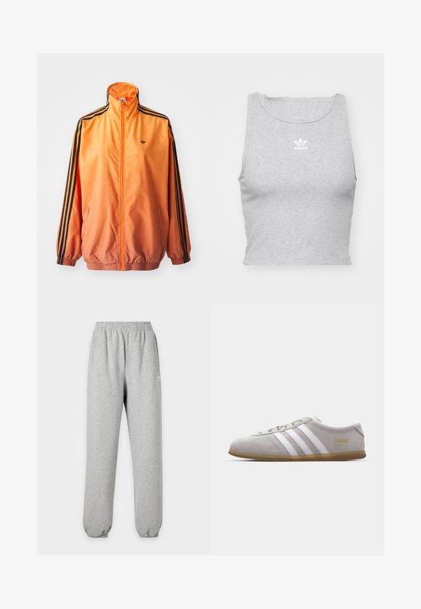Orangene Gradient-Trackjacke aus glattem Stoff mit schwarzen Streifenakzenten, hohem Kragen und elastischen Bündchen sowie einem Frontreißverschluss.; Graues, ärmelloses Crop-Top aus weichem Stoff, mit Rundhalsausschnitt und kleinem weißen Adidas-Logo auf der Brust.; Hellgraue Jogginghose mit elastischem Bund und Bündchen, Seitentaschen und kleinem weißem Logo am oberen Oberschenkel.; Graue Wildleder-Sneaker mit weißen Lederstreifen und goldenen Logodetails. Flache Gummisohle, abgerundete Zehenpartie und klassisches Schnürverschlussdesign.