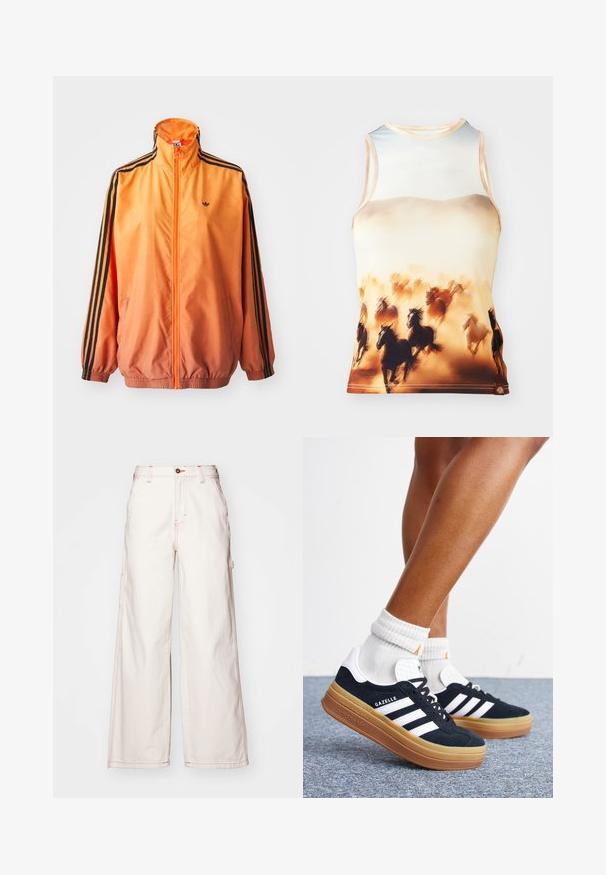 Veste de survêtement en dégradé orange, fabriquée dans un tissu lisse, avec des accents en rayures noires, un col haut et des poignets élastiques, ainsi qu'une fermeture éclair sur le devant.; Débardeur sans manches avec un imprimé de chevaux en course dans des tons marron et crème, fabriqué en tissu lisse avec un col rond et une coupe ajustée.; Pantalons en denim blanc à jambes larges avec des coutures rouges, dotés d'une taille haute, d'une fermeture à bouton à l'avant et de poches latérales. Tissu en coton texturé.; Jambes portant des chaussettes blanches et des baskets Adidas Gazelle noires avec des bandes blanches et des semelles épaisses marron sur un sol recouvert de moquette grise.