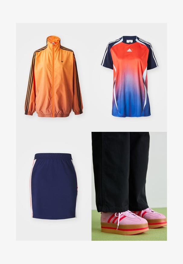 Orangene Gradient-Trackjacke aus glattem Stoff mit schwarzen Streifenakzenten, hohem Kragen und elastischen Bündchen sowie einem Frontreißverschluss.; Adidas Sportshirt mit kurzen Ärmeln in einem Farbverlauf von Rot zu Blau, mit marineblauen Akzenten und weißen Streifen an den Schultern.; Marineblaue Sportrock mit elastischem Bund, ausgestattet mit weißen und roten Seitenpanelen, glatter Textur und körpernahem Design.; Rosa Wildleder-Plattform-Sneaker mit roten Akzenten und drei Streifen, ausgestattet mit einer dicken, transparenten Gummisohle, kombiniert mit schwarzen Hosen.