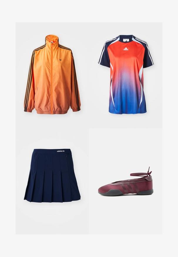 Orange gradient trackjakke lavet af glat stof, med sorte stribede detaljer, høj krave og elastiske manchetter samt lynlås foran.; Adidas kortærmet sports T-shirt med en gradient fra rød til blå, med marineblå akcenter og hvide striber langs skuldrene.; Marineblå plisseret nederdel lavet af letvægtsstof; har en elastisk talje og en lille lynlås-lomme, med et hvidt Adidas-logo på forsiden.; Burgunderfarvet balletsko med sort sål, elastiske ankelstropper bundet i sløjfe og syninger på siderne, vist fra ydersiden.