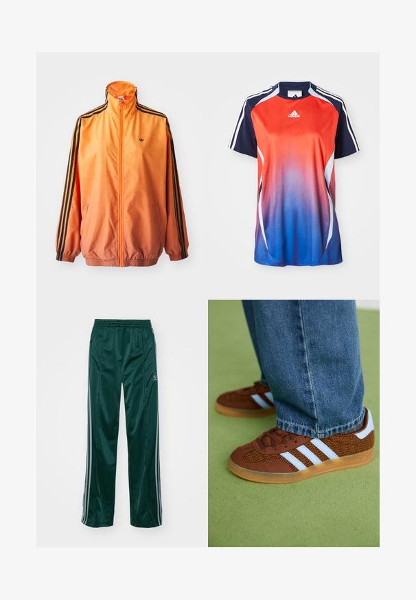 Orange gradient trackjakke lavet af glat stof, med sorte stribede detaljer, høj krave og elastiske manchetter samt lynlås foran.; Adidas kortærmet sports T-shirt med en gradient fra rød til blå, med marineblå akcenter og hvide striber langs skuldrene.; Mørkegrønne træningsbukser lavet af skinnende materiale, med sidelister i lys grå og et broderet logo på venstre ben.; Brune Adidas sneakers med hvide striber og gummisåler, båret med blå jeans på grøn tæppe.