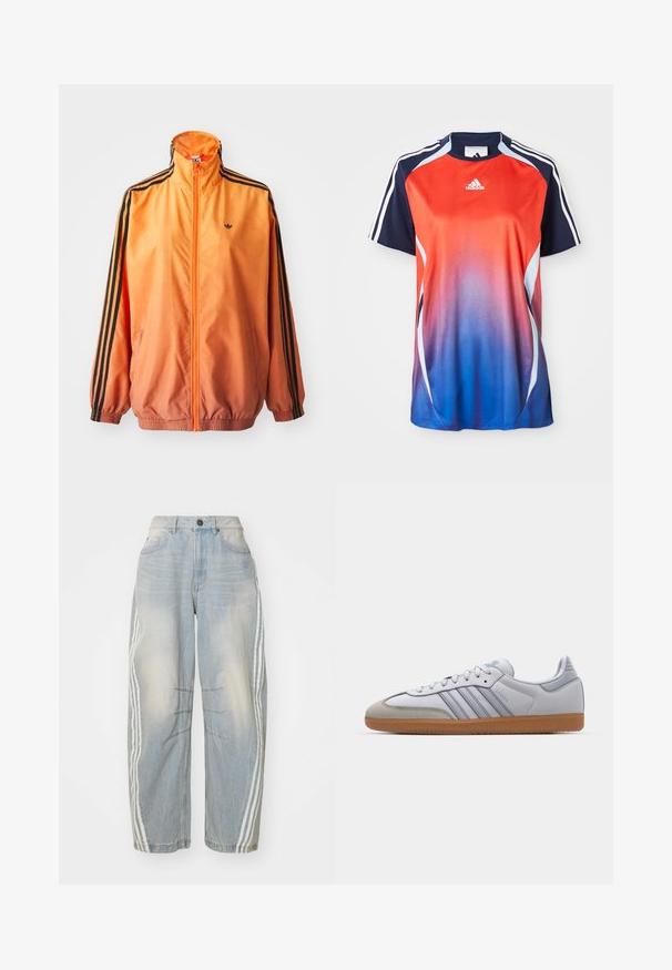 Oranžová gradientová traková bunda vyrobená z hladkej tkaniny, s čiernymi pruhovanými akcentmi, vysokým golierom a elastickými manžetami, s predným zipsom.; Adidas športová košeľa s krátkym rukávom s gradientom od červenej po modrú, s námorníckymi akcentmi a bielymi pruhmi pozdĺž ramien.; Svetlo modré džíny s voľným strihom, s bielymi pruhmi po stranách, so zničenými detailmi a so zapínaním na gombík v páse.; Biele kožené tenisky s svetlomodrými akcentmi, sivým semišovým špičkou a hnedou gumovou podrážkou. Obsahujú tri modré pruhy a branding "Samba".