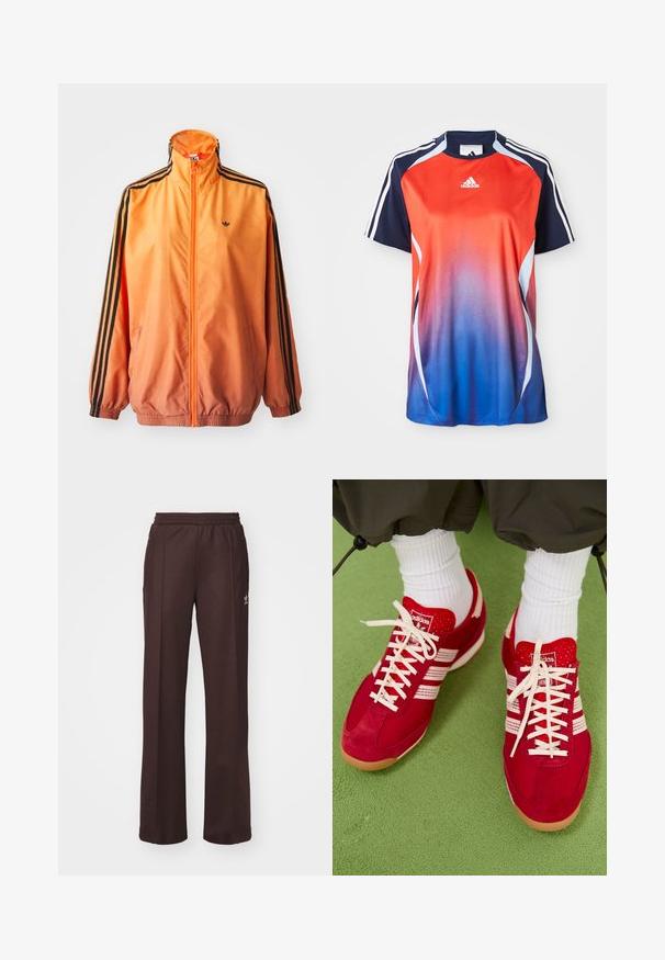 Orange gradient trackjakke lavet af glat stof, med sorte stribede detaljer, høj krave og elastiske manchetter samt lynlås foran.; Adidas kortærmet sports T-shirt med en gradient fra rød til blå, med marineblå akcenter og hvide striber langs skuldrene.; Brune træningsbukser med elastisk talje, to sidelommer og et lille logo på venstre side, lavet af et blødt stof.; Røde ruskind og mesh sportssko med hvide striber og snørebånd. Gummisål. Båret med hvide ribbede sokker på en grøn tekstureret overflade.