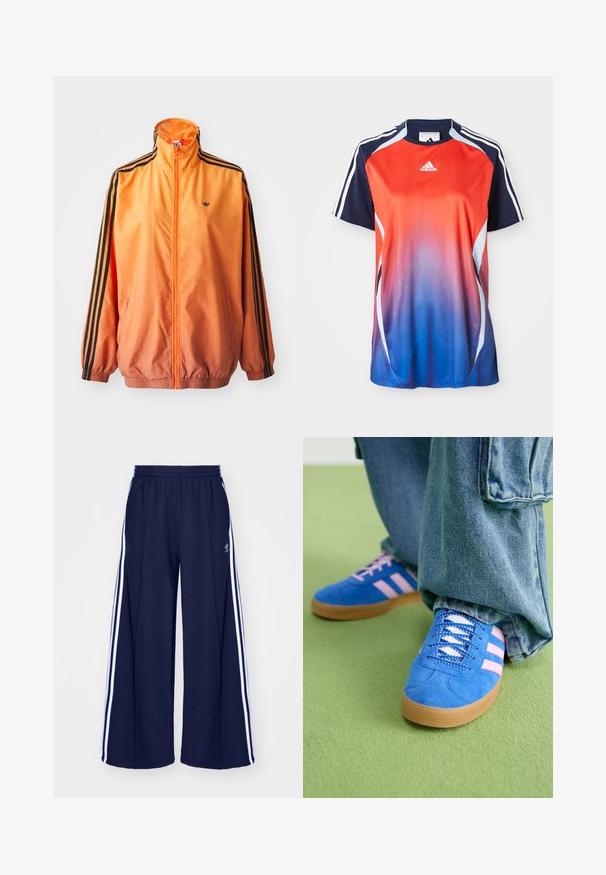 Oranžistest gradientidega jooksjakas, mis on valmistatud siledast kangast, mustade triipudega aktsentidega, kõrge kaelusega ja elastsete paeltega, ees tõmblukuga.; Adidase lühikeste varrukatega spordipluus, millel on punasest siniseks üleminek, tumesinised aktsendid ja valged triibud õlgade äärte ümber.; adidas Originals PANT - Dresside alumine osa - night indigo; Sinised sametkingad roosade triipudega ja valgete paeltega, millel on kummist tallad, kombineeritud laia teksapükstega rohelisel pinnal.