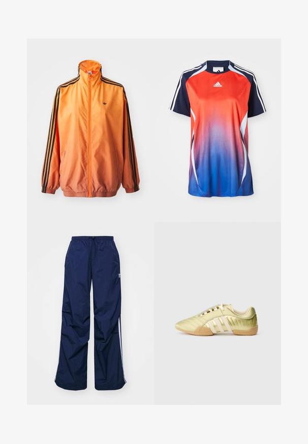 Oranžistest gradientidega jooksjakas, mis on valmistatud siledast kangast, mustade triipudega aktsentidega, kõrge kaelusega ja elastsete paeltega, ees tõmblukuga.; Adidase lühikeste varrukatega spordipluus, millel on punasest siniseks üleminek, tumesinised aktsendid ja valged triibud õlgade äärte ümber.; Tumesinised, kergekaalulised püksid elastse vöökoha ja nööriga, millel on valged küljeribad ja väike logo ees. Lahtise lõikega.; Lime rohelised sünteetilisest materjalist spordijalats, millel on sile pind, kolm valget triipu, pehme sisemine vooder ja tekstuuriga kummist välistald.