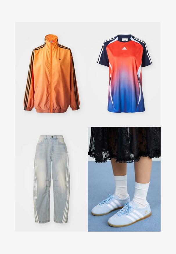 Oranžistest gradientidega jooksjakas, mis on valmistatud siledast kangast, mustade triipudega aktsentidega, kõrge kaelusega ja elastsete paeltega, ees tõmblukuga.; Adidase lühikeste varrukatega spordipluus, millel on punasest siniseks üleminek, tumesinised aktsendid ja valged triibud õlgade äärte ümber.; Heledad sinine teksarihm, millel on lõtv lõige, valged triibud külgedel, kulunud detailid ja nupuga sulgemine vööl.; Heledad sinine tossud valgete triipudega ja valged sokid, musta pitsseeliku kõrval, siniselt vaibapinnalt.