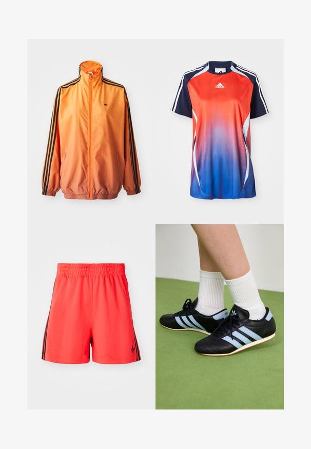 Orange gradient trackjakke lavet af glat stof, med sorte stribede detaljer, høj krave og elastiske manchetter samt lynlås foran.; Adidas kortærmet sports T-shirt med en gradient fra rød til blå, med marineblå akcenter og hvide striber langs skuldrene.; Røde atletiske shorts lavet af letvægtsmateriale med elastisk talje, med tre sorte lodrette striber på hver side og logo.; Sorte lædersportssko med lyseblå striber, teksturerede overdele og gummisko, parret med hvidt ribbet sokker på grønne gulve.