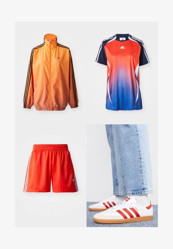 Orange gradient trackjakke lavet af glat stof, med sorte stribede detaljer, høj krave og elastiske manchetter samt lynlås foran.; Adidas kortærmet sports T-shirt med en gradient fra rød til blå, med marineblå akcenter og hvide striber langs skuldrene.; Røde sportsshorts med lodrette hvide striber, elastisk talje og lyseblå detaljer langs siderne. Har sidelommer.; Hvide lædersneakers med røde striber og accenter. Har en tekstureret gummisål og polstret krave. Bæres med lyseblå denim.
