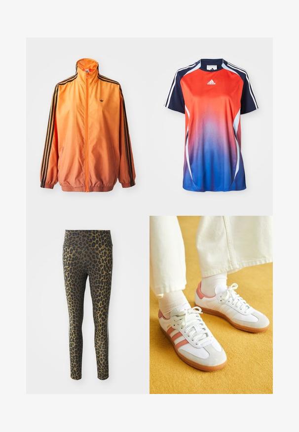 Orange gradient trackjakke lavet af glat stof, med sorte stribede detaljer, høj krave og elastiske manchetter samt lynlås foran.; Adidas kortærmet sports T-shirt med en gradient fra rød til blå, med marineblå akcenter og hvide striber langs skuldrene.; Pletterede leggings med høj talje, strækbart stof og sorte accenter på en lys brun bund, designet til komfort og pasform.; Hvide sportsko med lyserøde accenter, lavet af ruskind og læder, rund tå og gummisål, vist med lyse sokker på en gul baggrund.
