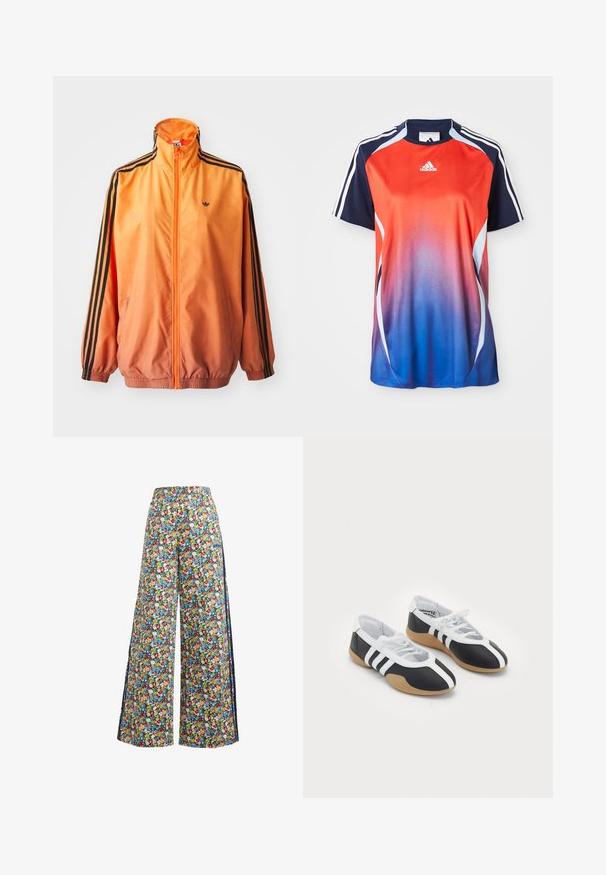 Oranžová gradientová traková bunda vyrobená z hladkej tkaniny, s čiernymi pruhovanými akcentmi, vysokým golierom a elastickými manžetami, s predným zipsom.; Adidas športová košeľa s krátkym rukávom s gradientom od červenej po modrú, s námorníckymi akcentmi a bielymi pruhmi pozdĺž ramien.; Široké květinové nohavice s modrým pozadím, které mají pestrý vzor červených, žlutých a modrých květin a elastický pás.; Čierne a biele športové topánky s elegantným dizajnom, gumovou podrážkou, šnurovaním a tromi bielymi prúžkami na bokoch.