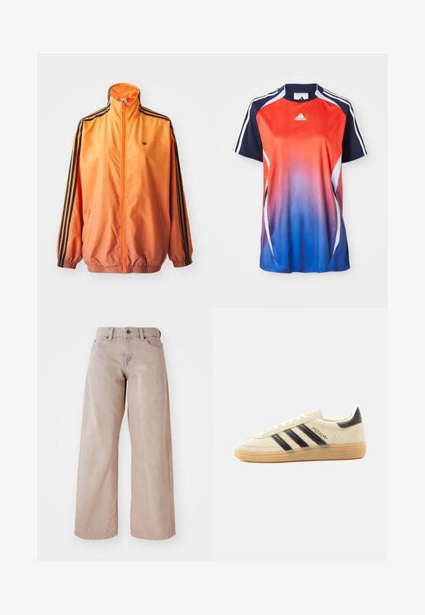 Orange gradient trackjakke lavet af glat stof, med sorte stribede detaljer, høj krave og elastiske manchetter samt lynlås foran.; Adidas kortærmet sports T-shirt med en gradient fra rød til blå, med marineblå akcenter og hvide striber langs skuldrene.; Beige vidde jeans med høj talje, fem-lomme design og knaplukning. Stoffet har en blød tekstur og en let falmning foran.; Kremfarvet ruskindssneaker med sorte striber, gummisål, sort hælstrop og gyldent "SPEZIAL"-tekst på siden.