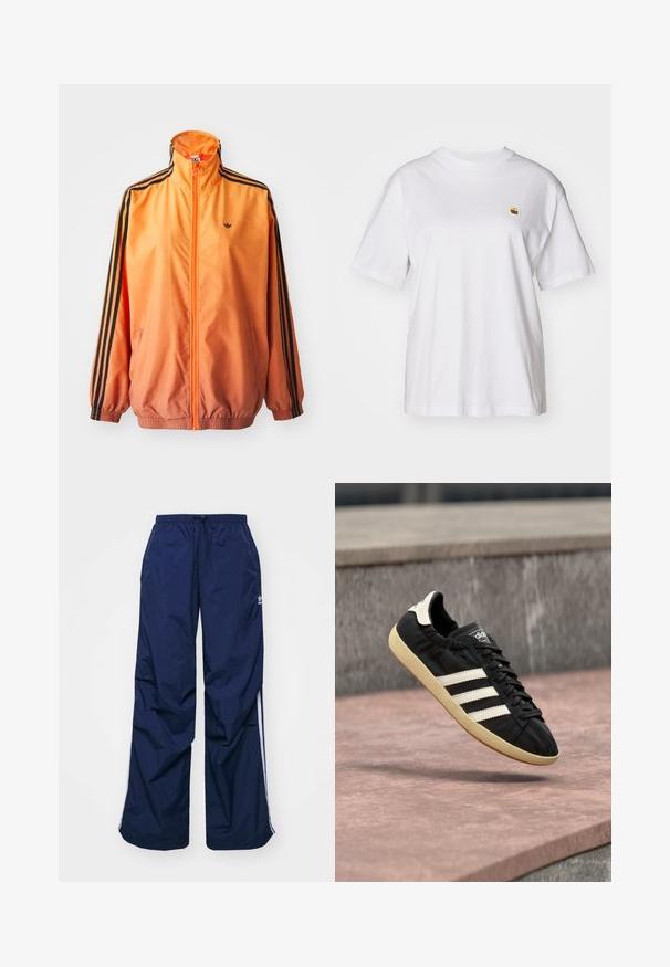 Orangene Gradient-Trackjacke aus glattem Stoff mit schwarzen Streifenakzenten, hohem Kragen und elastischen Bündchen sowie einem Frontreißverschluss.; Weißes Baumwoll-T-Shirt mit lockerem Schnitt, kurzen Ärmeln und einem kleinen gestickten Logo auf der linken Brustseite.; Navyblaue, leichte Hosen mit elastischem Bund und Kordelzug, versehen mit weißen Seitenstreifen und einem kleinen Logo vorne. Locker geschnittenes Design.; Schwarzer Adidas-Sneaker mit weißen Streifen und beiger Sohle, in der Luft über einer steinernen Oberfläche und mit Steinwand im Hintergrund aufgenommen.