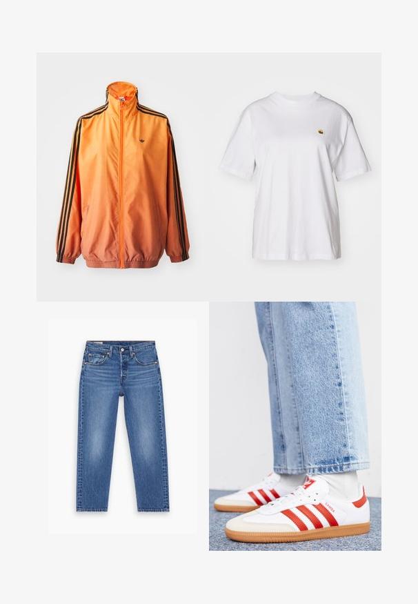 Orange gradient trackjakke lavet af glat stof, med sorte stribede detaljer, høj krave og elastiske manchetter samt lynlås foran.; Hvid bomulds-t-shirt med en afslappet pasform, korte ærmer og et lille broderet logo på venstre brystområde.; Blå højtaljede lige ben jeans med frontknap, lynlås og fem-lomme design, vist fladt på en hvid baggrund.; Hvide lædersneakers med røde striber og accenter. Har en tekstureret gummisål og polstret krave. Bæres med lyseblå denim.
