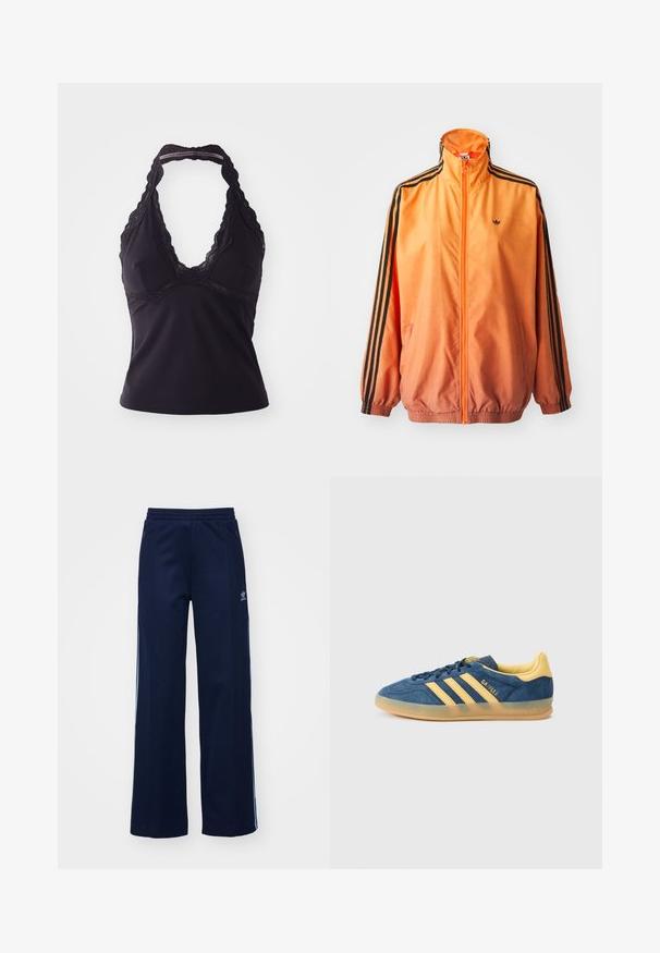 Orange gradient trackjakke lavet af glat stof, med sorte stribede detaljer, høj krave og elastiske manchetter samt lynlås foran.; Sort halterneck-top lavet af glat, strækbart stof. Har en dyb V-halsudskæring og blonder langs halsudskæringen og ryggen.; Marineblå bomuldsblandede træningsbukser med bred benstil, elastisk talje og lynlåslommer, prydet med hvide sideordner og logo-detalje.; Blå ruskindsneaker med gule detaljer, der har tre gule striber, tekstureret tunge og gennemsigtig gummisål. Mærkenavnet "Gazelle" er synligt.