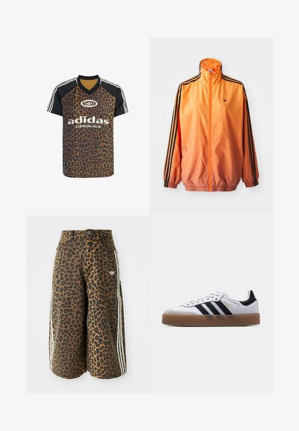 Orangene Gradient-Trackjacke aus glattem Stoff mit schwarzen Streifenakzenten, hohem Kragen und elastischen Bündchen sowie einem Frontreißverschluss.; adidas Originals LEO PRINT SATIN - T-Shirt print - multicolor bronze strata; Braune weite Shorts mit schwarzem Leopardenmuster, weißen Seitenstreifen, Knopfverschluss, Fronttaschen und einem kleinen Adidas-Logo auf der rechten Seite.; Weiße Leder Sneakers mit schwarzen Streifen, Gummigummi-Außensohle, runder Zehenform, Schnürverschluss und weichem grauem Wildleder-Zehenkappe.