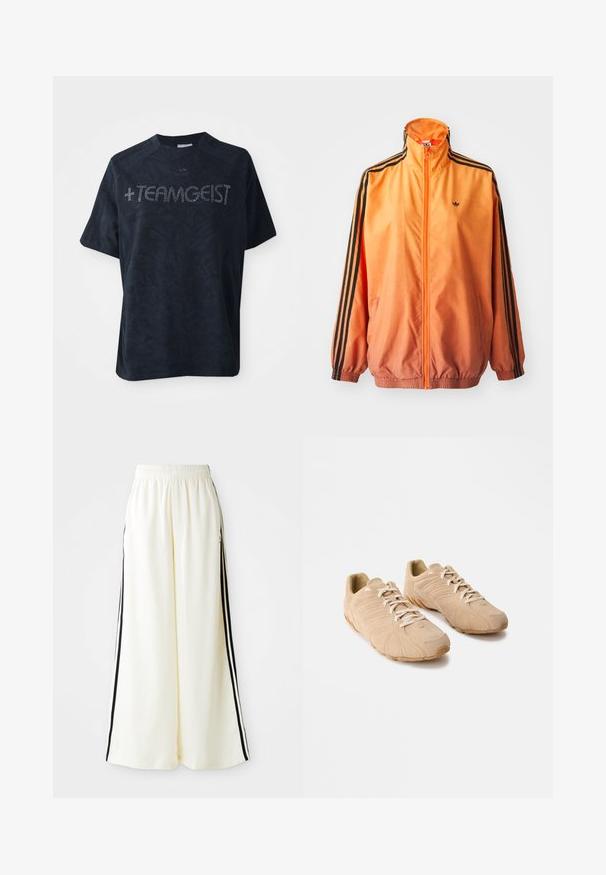 Orange gradient trackjakke lavet af glat stof, med sorte stribede detaljer, høj krave og elastiske manchetter samt lynlås foran.; Sort kortærmet t-shirt lavet af blødt stof, med et tekstureret mønster og udsmykket med rhinsten, der staver "+TEAMGEIST."; Hvide løse bukser med elastisk talje og sorte lodrette striber langs yderseams.; Beige sportssko med et struktureret suede-overdel, fremtrædende buet gummisål og snørelukning. Har præget detaljer på siderne.