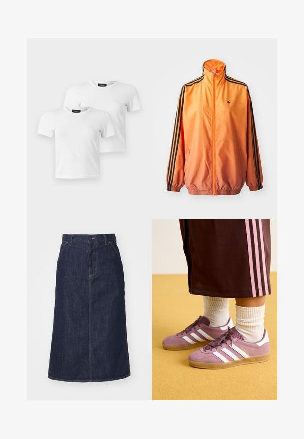 Oranje gradient trackjack met een gladde stof, voorzien van zwarte gestreepte accenten, hoge kraag en elastische manchetten met een rits aan de voorkant.; Twee eenvoudige witte T-shirts met korte mouwen en ronde hals met JJXX merklabels, weergegeven op een lichtgrijze achtergrond.; Donkere spijkerrok met een hoge taille, recht gesneden, voorzakken en gestikte naden. Voorzien van een rits en knoopsluiting op de taille.; Paarse suede sneakers met witte strepen, rubberen zool en gestructureerde accenten, gecombineerd met geribbelde witte sokken en een bruine trainingsbroek met roze strepen.