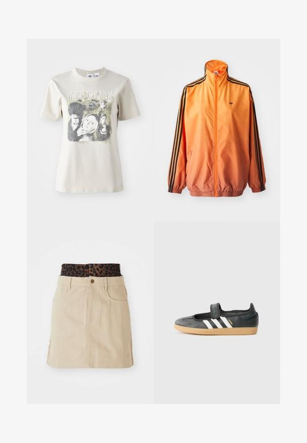 Oranje gradient trackjack met een gladde stof, voorzien van zwarte gestreepte accenten, hoge kraag en elastische manchetten met een rits aan de voorkant.; Beige katoenen t-shirt met een ronde hals. Voorzien van een grafische print met personages en tekst uit "Buffy", in zwart en grijstinten.; Tan denim rok met een bruine elastieken tailleband met luipaardprint, voorzakken en een rechte snit, met zichtbare stikdetails.; Zwarte leren en suède sneaker met een klittenbandsluiting, voorzien van drie witte strepen en een gumzool, met de naam "SAMBA" aan de zijkant.