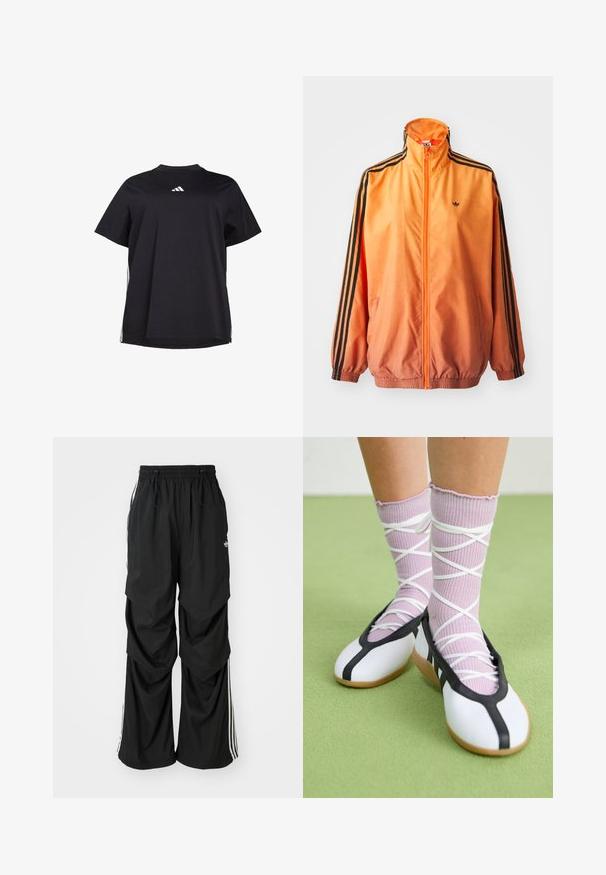 Oranje gradient trackjack met een gladde stof, voorzien van zwarte gestreepte accenten, hoge kraag en elastische manchetten met een rits aan de voorkant.; Zwart korterm T-shirt van zacht materiaal, met een witte horizontale accent aan de zijkanten en een wit logo op de borst.; Zwarte, losvallende broek met een elastische tailleband, trekkoord en witte zijkanten; gemaakt van lichte stof met een gladde structuur.; Benen met geribbelde lavendelkleurige sokken met witte kruisbanden, gecombineerd met witte ballerina's met zwarte bies op een groene vloer.