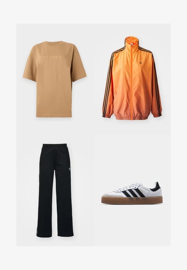 Orange gradient trackjakke lavet af glat stof, med sorte stribede detaljer, høj krave og elastiske manchetter samt lynlås foran.; Brun bomulds-T-shirt med korte ærmer og rund halsudskæring. Har opstående "adidas" logo og trefoil-emblem i en matchende tone.; Sorte træningsbukser med en afslappet pasform, snoretræk i taljen, sidelommer med lynlås og diskret hvid branding på venstre ben.; Hvide lædersneakers med sorte striber, gummirubber sål, rund tå, snørelukning og blød grå ruskinds tåhætte.