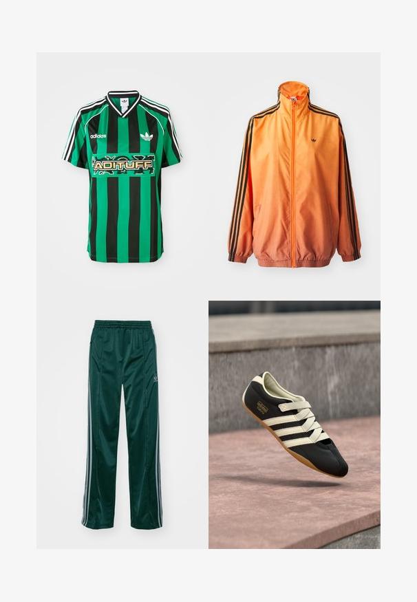 Orangene Gradient-Trackjacke aus glattem Stoff mit schwarzen Streifenakzenten, hohem Kragen und elastischen Bündchen sowie einem Frontreißverschluss.; Grünes und schwarzes gestreiftes Jersey aus leichtem Material, mit V-Ausschnitt, kurzen Ärmeln und einem "ADITUFF"-Logo in der Mitte.; Dunkelgrüne Sporthosen aus glänzendem Material, mit seitlichen Streifen in Hellgrau und einem gestickten Logo auf dem linken Bein.; Schwarzer Sportschuh mit cremefarbenen Streifen und Schnürsenkeln, mit niedrigem Profil, glatter Textur und einer Gummisohle für guten Halt. Markenlabel sichtbar.