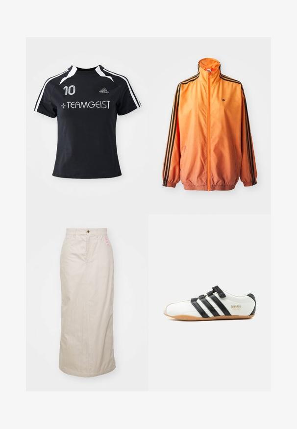 Oranžistest gradientidega jooksjakas, mis on valmistatud siledast kangast, mustade triipudega aktsentidega, kõrge kaelusega ja elastsete paeltega, ees tõmblukuga.; Must must sleevesega jersy, millel on valged triibud, esiküljel on broderitud number "10" ja "+ TEAMGEIST". Valmistatud pehmest ja hingavast materjalist.; Bež triibuline seelik kõrgema vöökohaga, peidetud tõmblukk ja metallist nööbiga kinnitamine. Esiosas on väike kaubamärgiga silt.; Valge Adidas Tokyo tennari mustade triipude, mustade takjakinnitustega ja kummist tallaga, näidatud küljelt valgel taustal.