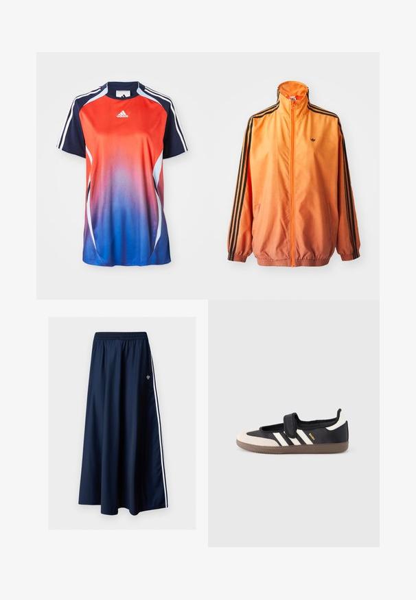 Oranžová gradientová traková bunda vyrobená z hladkej tkaniny, s čiernymi pruhovanými akcentmi, vysokým golierom a elastickými manžetami, s predným zipsom.; Adidas športová košeľa s krátkym rukávom s gradientom od červenej po modrú, s námorníckymi akcentmi a bielymi pruhmi pozdĺž ramien.; Tmavomodrá maxi sukňa s elastickým pásom, dvoma bielymi bočnými pruhmi a malým bielym logom Adidas na ľavej strane.; Čierna a béžová teniska s pásikom na suchý zips, tromi bielymi pruhmi na boku a štruktúrovanou hnedou gumovou podrážkou. Viditeľné logo značky.