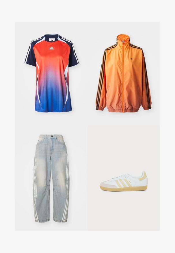 Orange gradient trackjakke lavet af glat stof, med sorte stribede detaljer, høj krave og elastiske manchetter samt lynlås foran.; Adidas kortærmet sports T-shirt med en gradient fra rød til blå, med marineblå akcenter og hvide striber langs skuldrene.; Lyseblå denimjeans med løs pasform, der har hvide striber ned langs siderne, slidte detaljer og knaplukning i taljen.; Hvid Adidas Samba sneaker med beige ruskinddetaljer, tre teksturerede striber og gummsål set fra siden på en hvid baggrund.